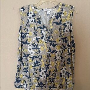Liz Claiborne Gray Floral V-Neck Button Tunic with Yellow and Navy Accents